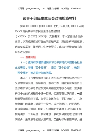 领导干部民主生活会对照检查材料