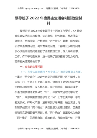 领导班子2022年度民主生活会对照检查材料