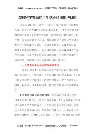 领导班子专题民主生活会检视剖析材料