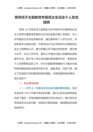 领导班子主题教育专题民主生活会个人发言提纲