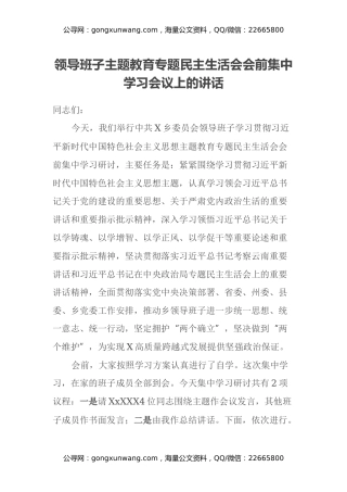领导班子主题教育专题民主生活会会前集中学习会议上的讲话