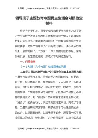 领导班子主题教育专题民主生活会对照检查材料（八个方面、政绩观、反面典型案例剖析）