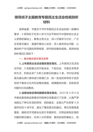 领导班子主题教育专题民主生活会检视剖析材料