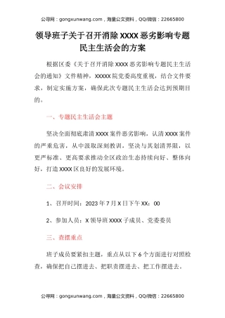 领导班子关于召开消除XXXX恶劣影响专题民主生活会的方案