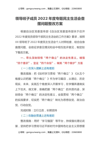 领导班子成员2022年度专题民主生活会查摆问题整改方案