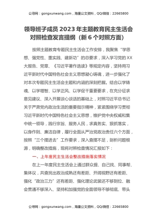 领导班子成员2023年主题教育民主生活会对照检查发言提纲（新6个对照方面）