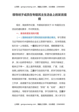 领导班子成员在专题民主生活会上的发言提纲