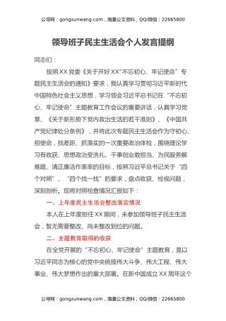 领导班子民主生活会个人发言提纲