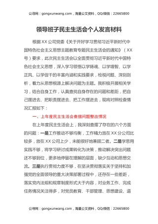 领导班子民主生活会个人发言材料