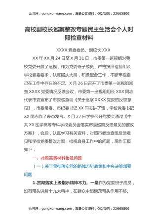 高校副校长巡察整改专题民主生活会个人对照检查材料