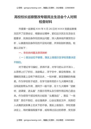 高校校长巡察整改专题民主生活会个人对照检查材料