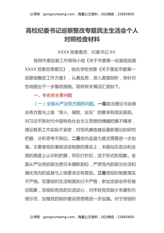 高校纪委书记巡察整改专题民主生活会个人对照检查材料