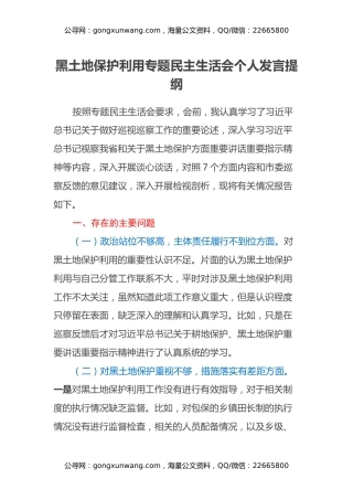 黑土地保护利用专题民主生活会个人发言提纲