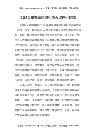 2022年专题组织生活会点评讲话稿