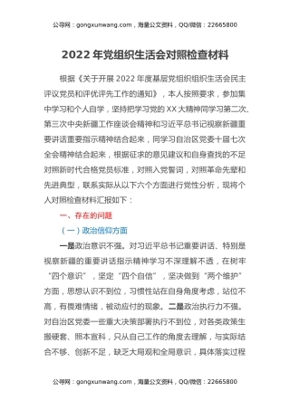 2022年党组织生活会对照检查材料
