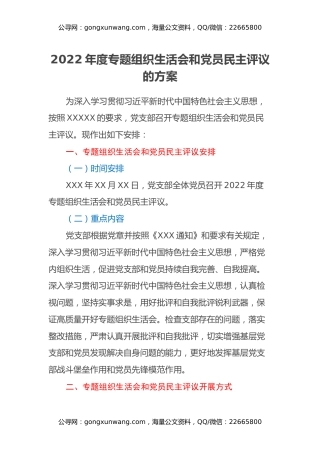 2022年度专题组织生活会和党员民主评议的方案