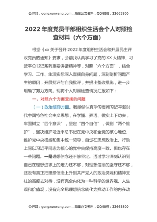 2022年度党员干部组织生活会个人对照检查材料（六个方面）