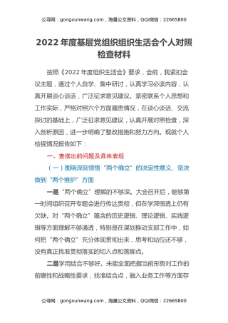 2022年度基层党组织组织生活会个人对照检查材料