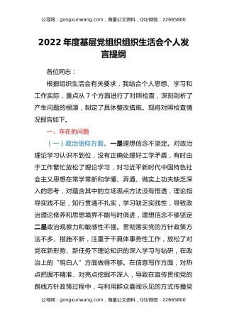 2022年度基层党组织组织生活会个人整套材料
