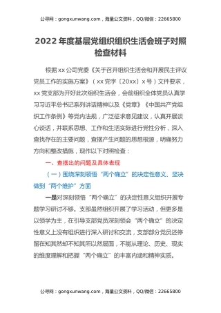 2022年度基层党组织组织生活会班子对照检查材料