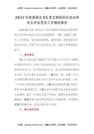 2022年度某国企XX党支部组织生活会和民主评议党员工作情况报告