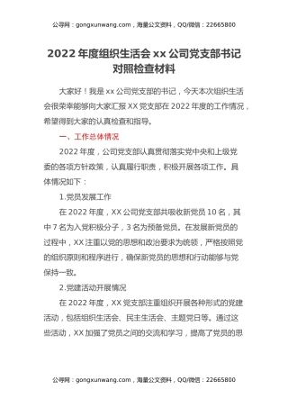 2022年度组织生活会xx公司党支部书记对照检查材料
