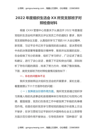 2022年度组织生活会XX所党支部班子对照检查材料