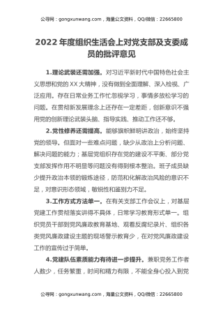 2022年度组织生活会上对党支部及支委成员的批评意见