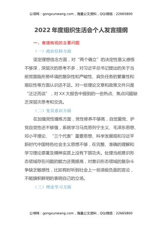 2022年度组织生活会个人发言提纲 (2)