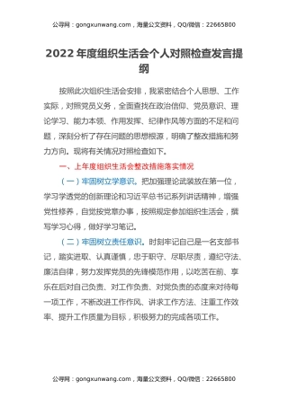 2022年度组织生活会个人对照检查发言提纲 (2)