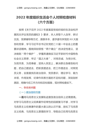 2022年度组织生活会个人对照检查材料（六个方面）