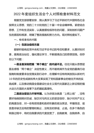 2022年度组织生活会个人对照检查材料（六个方面，信仰、意识，检视剖析，发言提纲）