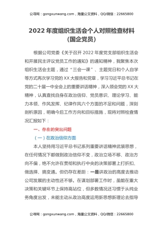 2022年度组织生活会个人对照检查材料（国企党员）