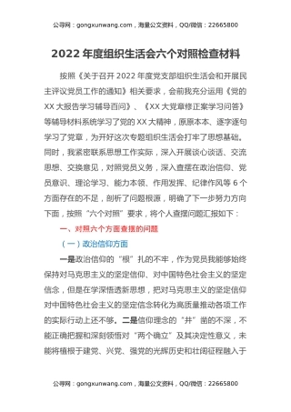 2022年度组织生活会六个对照检查材料