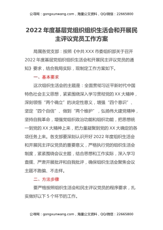 2022年度组织生活会和开展民主评议党员工作方案