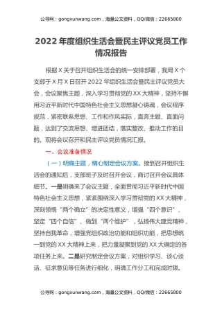 2022年度组织生活会暨民主评议党员工作情况报告