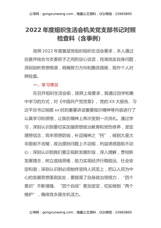 2022年度组织生活会机关党支部书记对照检查料（含事例）