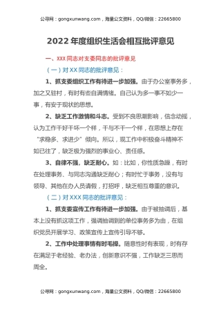 2022年度组织生活会相互批评意见