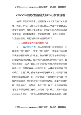 2022年组织生活会支部书记发言提纲