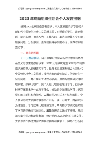 2023年专题组织生活会个人发言提纲