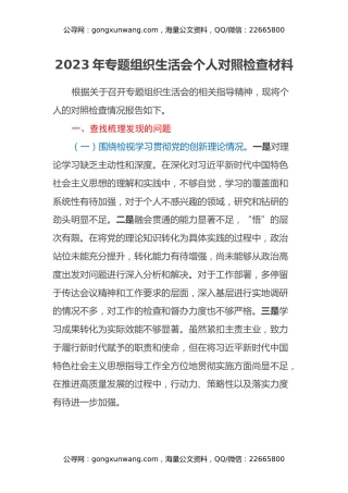 2023年专题组织生活会个人对照检查材料（四个方面检视）
