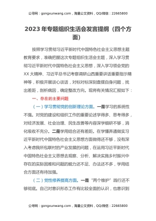 2023年专题组织生活会发言提纲（四个方面）