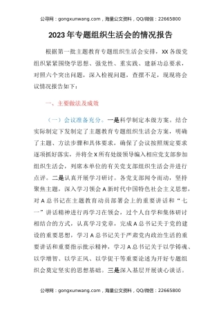 2023年专题组织生活会的情况报告