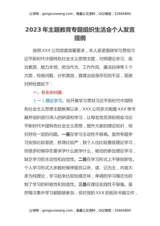 2023年主题教育专题组织生活会个人发言提纲（五个方面）