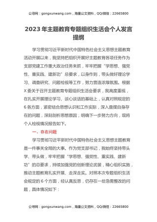 2023年主题教育专题组织生活会个人发言提纲（六个方面）