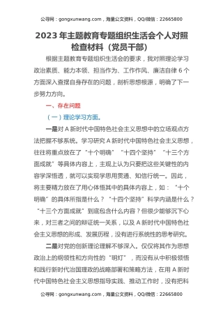 2023年主题教育专题组织生活会个人对照检查材料(党员干部)