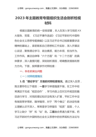 2023年主题教育专题组织生活会剖析检视材料（以学铸魂、以学增智、以学正风、以学促干，政绩观，典型案例剖析，全面从严治党责任情况，意识形态，上年度查摆问题整改落实情况）