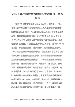 2023年主题教育专题组织生活会召开情况报告