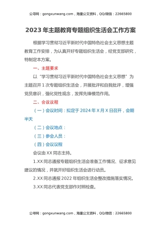 2023年主题教育专题组织生活会工作方案