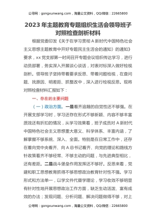 2023年主题教育专题组织生活会领导班子对照检查剖析材料